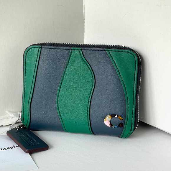 Coach Zip Around Wallet Coachtopia Wavy Stripe Upcrafted Leather CQ865 Green - Picture 2 of 10